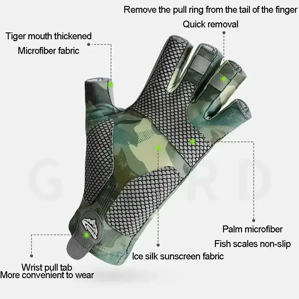 Guantes Pesca Con Protección Solar Verde Camuflaje Sin Dedos 3