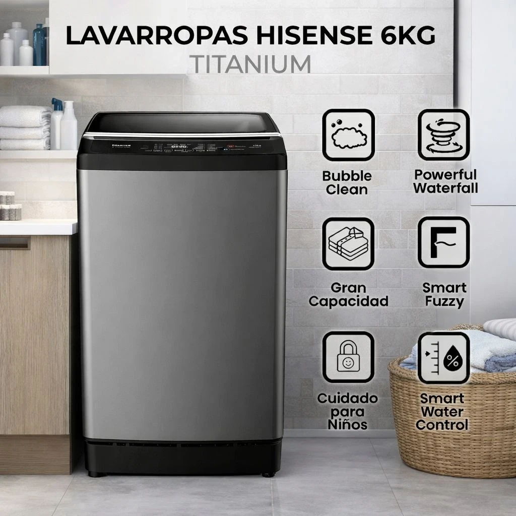 LAVARROPA HISENSE 6 KG CARGA SUPERIOR COLOR TITANIUM WTJA802T