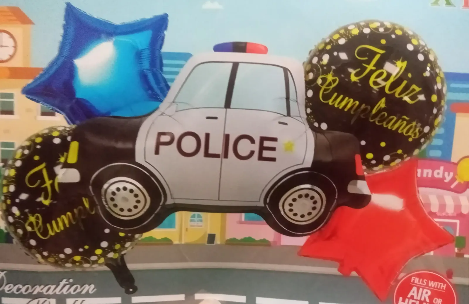 Set 5 globos "Feliz Cumpleaños" auto bombero/policia 2