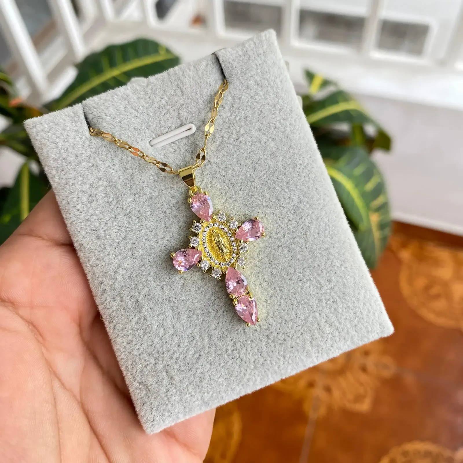 Cadena Y Dije En Acero Con Piedra Circon De Cruz Virgen De Guadalupe Rosa 3