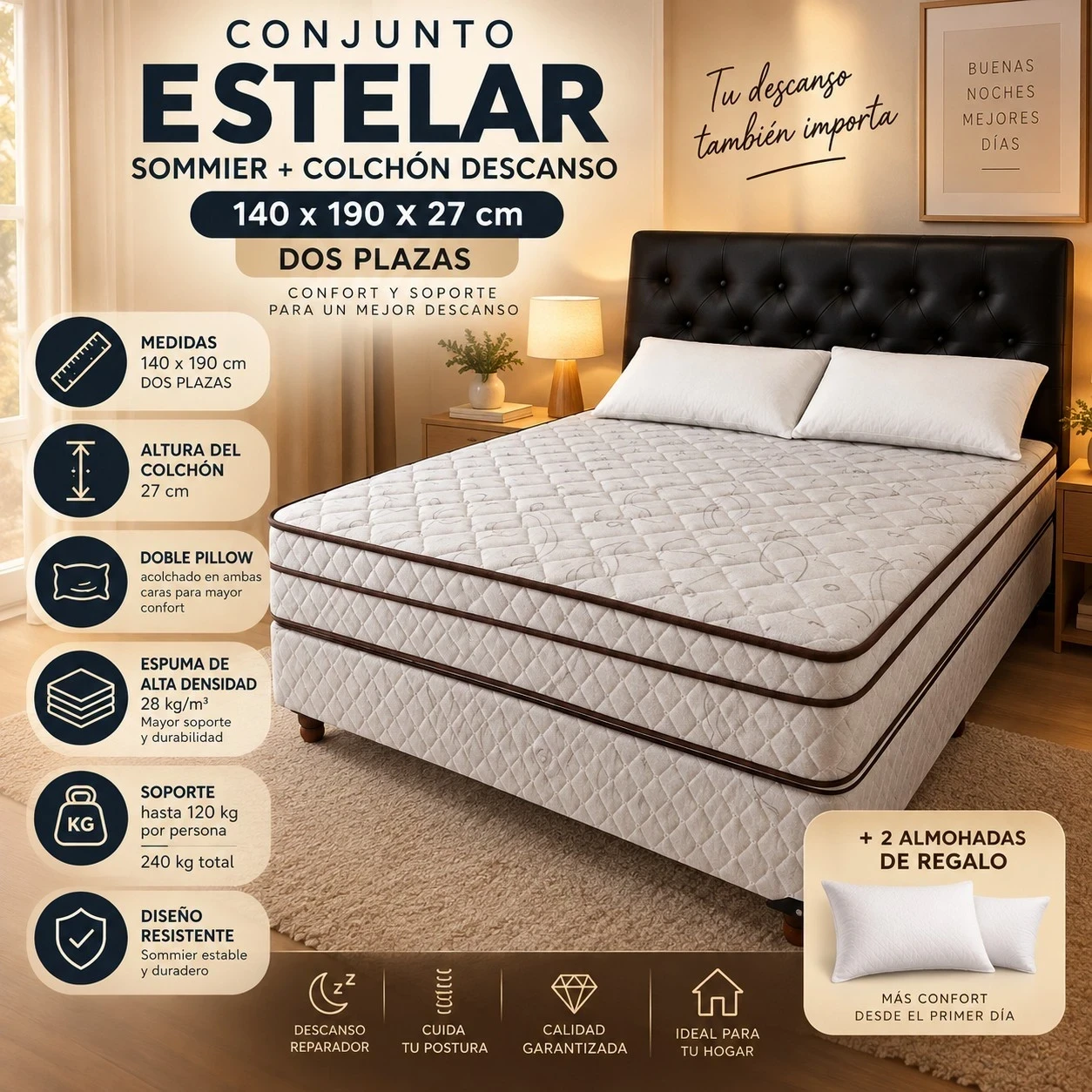  CONJUNTO ESTELAR SOMMIER + COLCHÓN DESCANSO — DOS PLAZAS 140 × 190 × 27 cm | DOBLE PILLOW  CONSULTAR DISPONIBILIDAD CON EL VENDEDOR