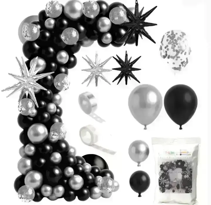 Set guirnalda globos chrome/metalizado negro y plata 145 pcs
