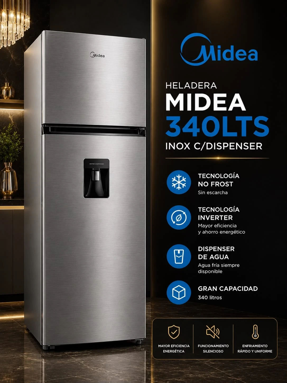 HELADERA NO FROST INVERTER 340LTS MIDEA CON DISPENSER INOXIDABLE ‼️SOLO POR PEDIDOS ‼️