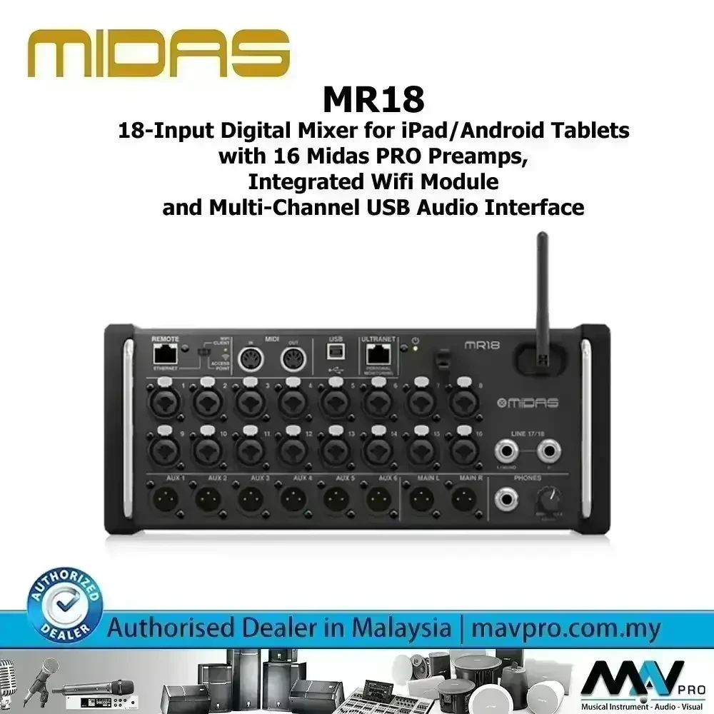 CONSOLA DIGITAL MIDAS MR18 Mezclador Digital Mezcla digital  40 bits proporciona 112dB de rango dinámico Interfaz de audio completa de 18 canales para grabación y reproducción. La mezcla automática estilo Dugan maneja perfectamente los niveles de micrófono El DSP integrado incluye 4 procesadores de efectos independientes. Dinámica completa y ecualizador disponible para master estéreo y los 6 buses auxiliares Elija entre los tipos de ecualizador gráfico paramétrico de 6 bandas o de 31 bandas Ultranet admite sistemas de mezcla / mezcladores personales Behringer Powerplay P16 Router Wi-Fi integrado de tres modos para conexiones inalámbricas estables y seguras Las aplicaciones gratuitas de iOS y Android te permiten tomar el control total de tu mezcla El software gratuito y la conectividad Ethernet ofrecen control de PC con Mac, Windows y Linux Agregue control táctil a través de cualquier superficie de control MIDI / USB Incluye orejas de montaje en bastidor para bastidores de equipo estándar de 19″