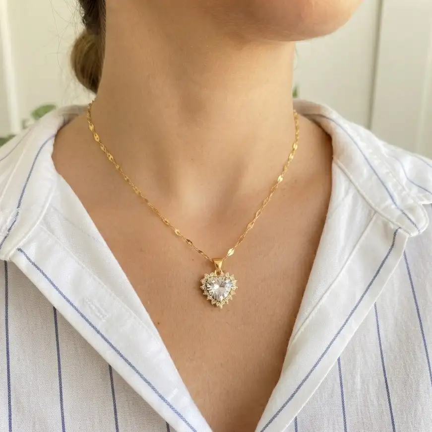 Cadena Y Dije En Acero Con Piedra Circon De Corazon Blanco 3
