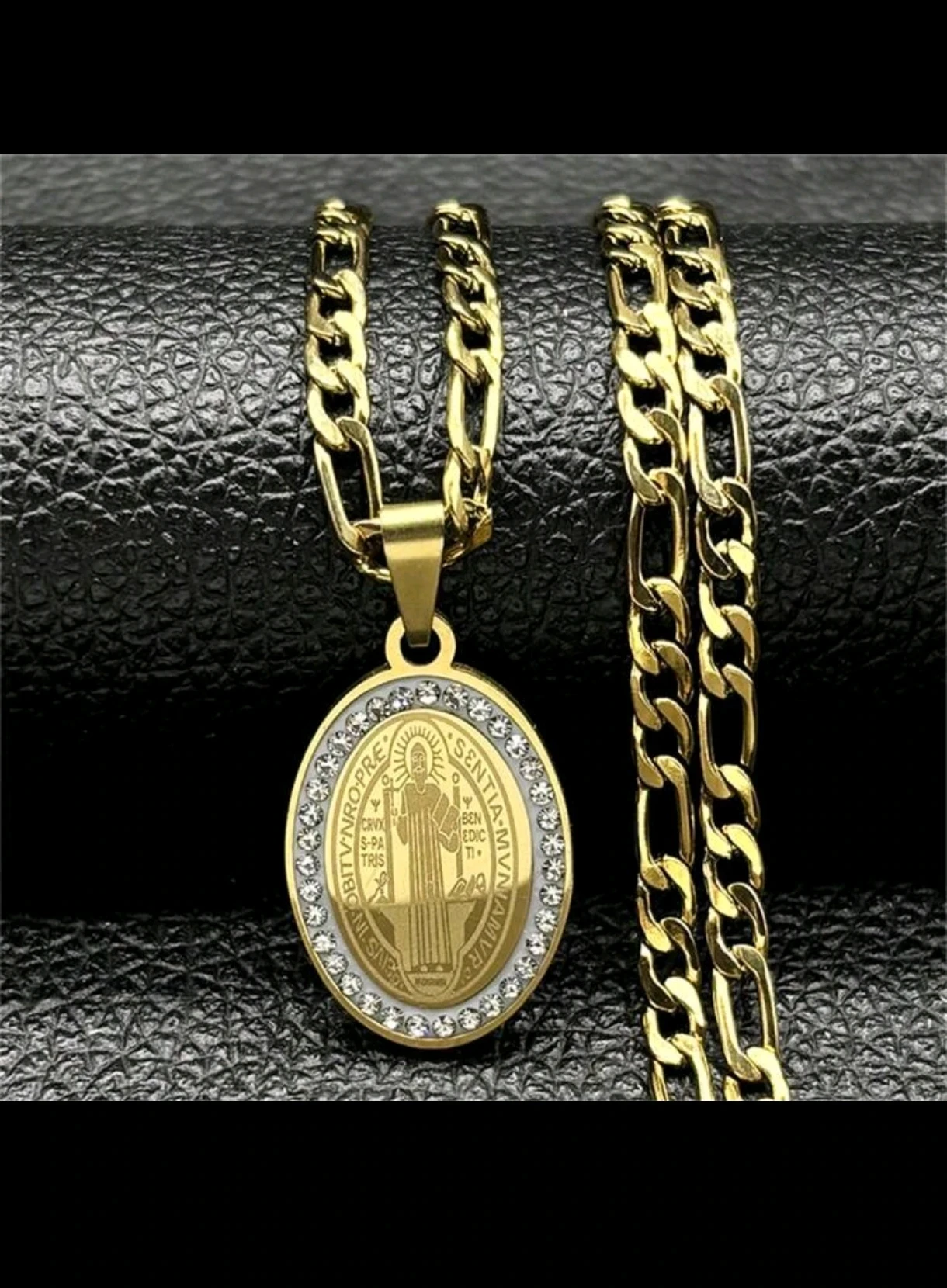 Cadena Figaro con Medalla de San Benito con Cristales - Acero Inoxidable 2