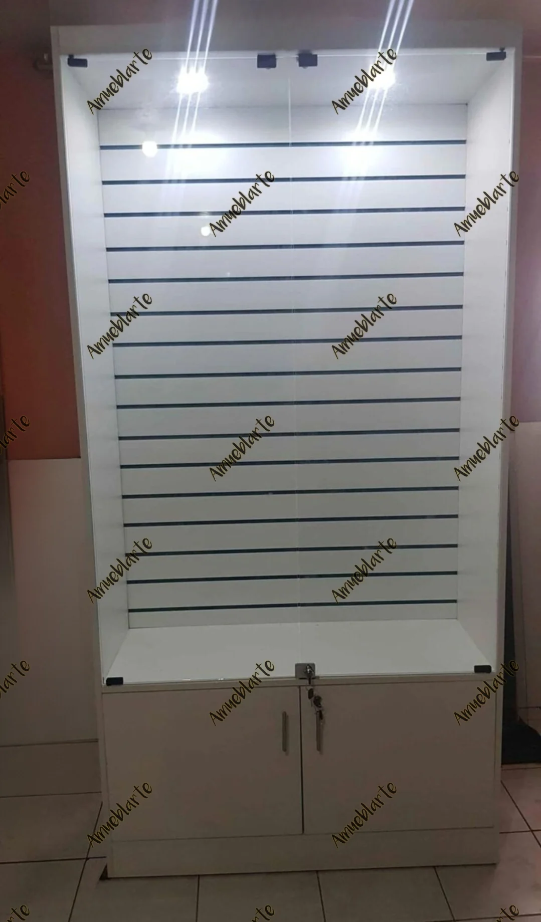 VIitrina con panel ranurado y luz 