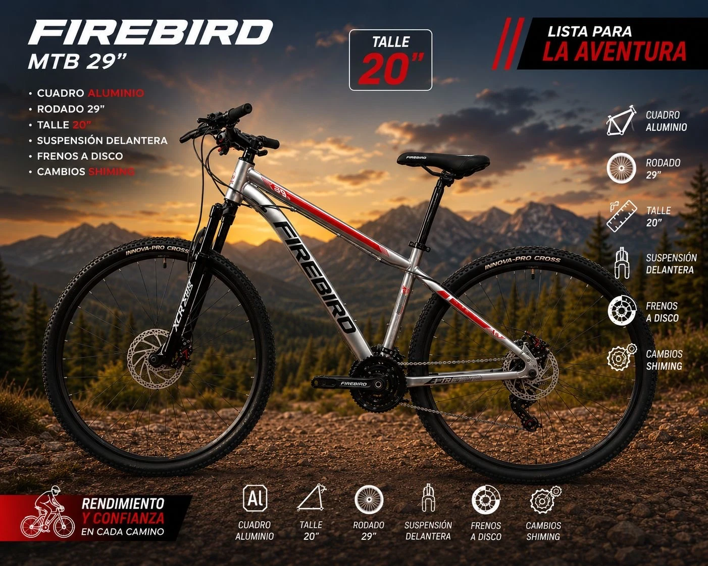 BICICLETA FIREBIRD ROD 29 TALLE 20 GRIS/ROJO