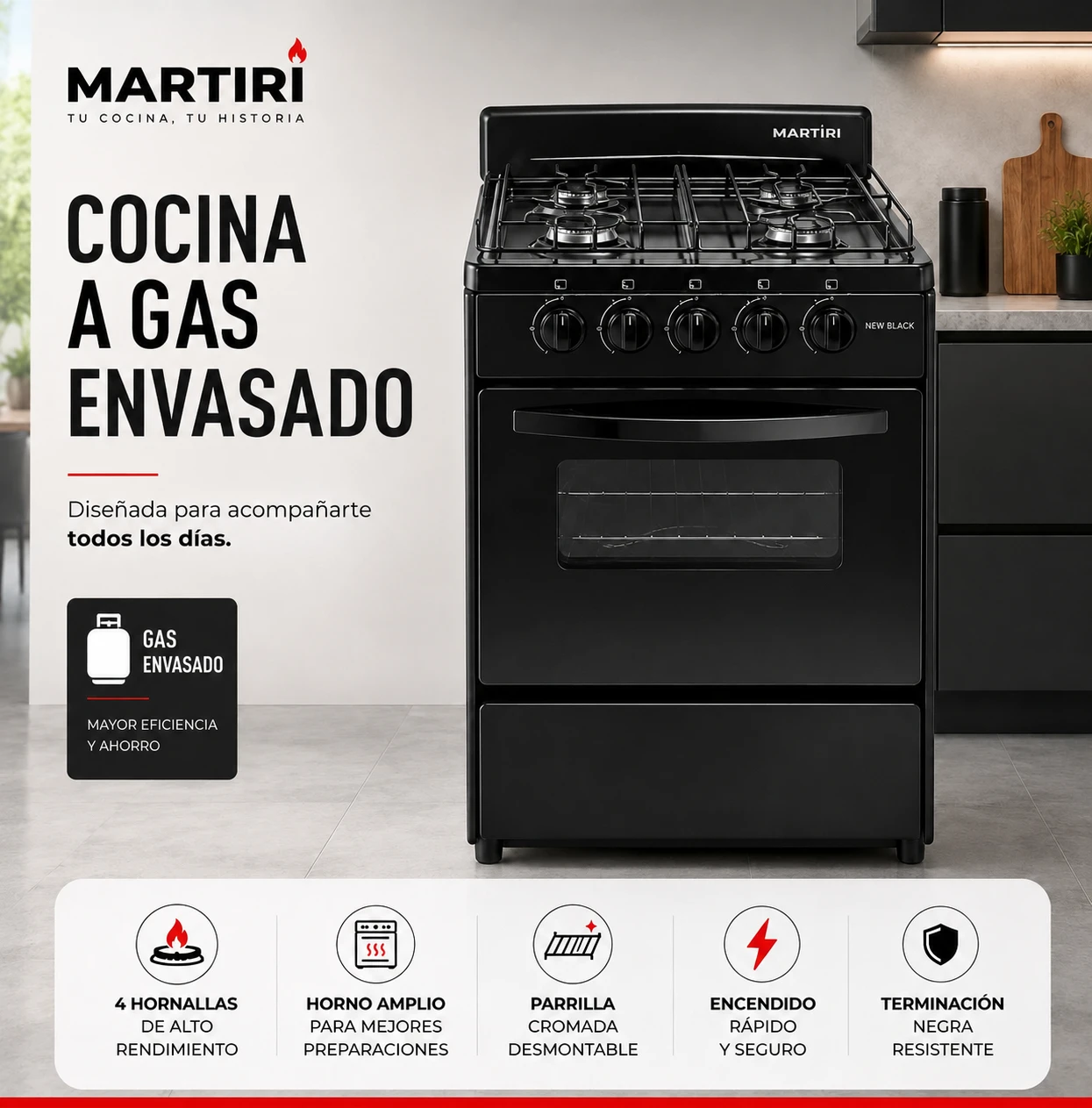 COCINA MARTIRI CRYSTAL GAS NATURAL NEGRA 