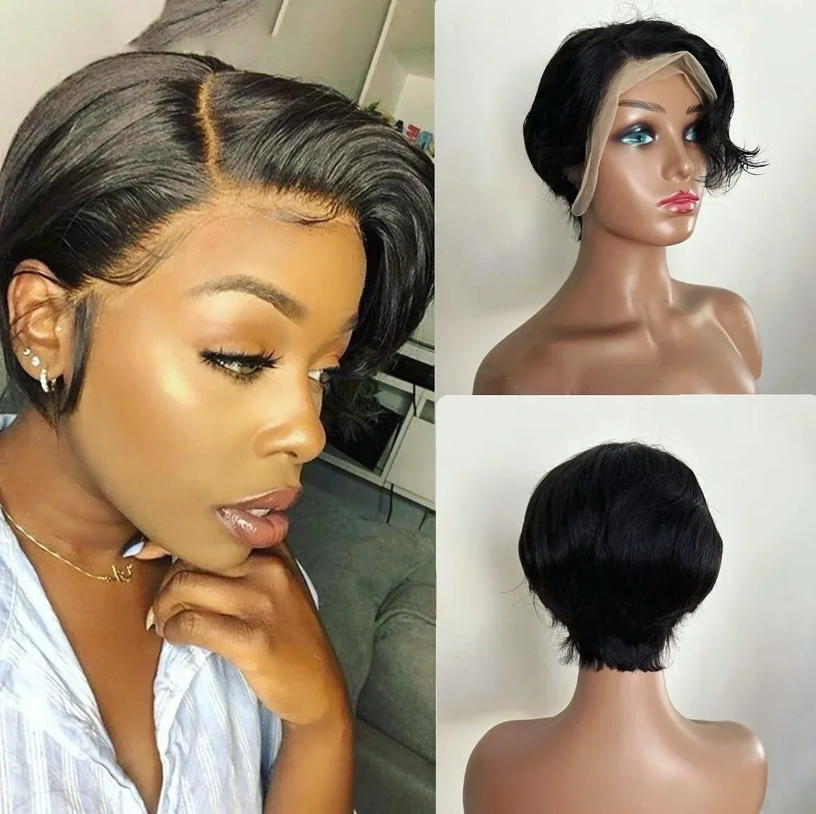 Peluca corta de corte Pixie Bob con encaje frontal, cabello brasileño, sin pegamento
