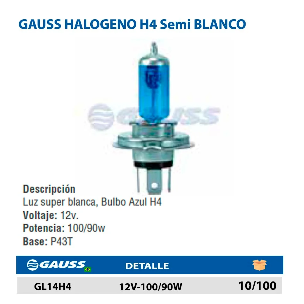 GAUSS HALOGENO H4 Semi BLANCO 12V-100/90W