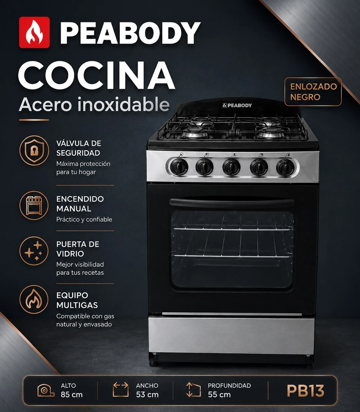 COCINA PEABODY MULTIGAS NEGRA 53Cm