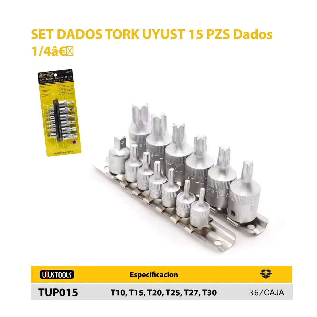 SET DADOS TORK UYUST 15 PZS DE T10 - T60
Dados 1/4”: T10, T15, T20, T25, T27, T30