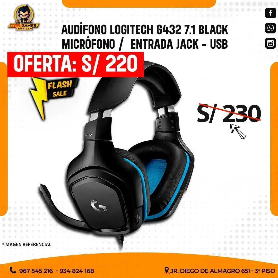 AUDÍFONO GAMER CON MICRÓFONO LOGITECH G432 7.1 BLACK