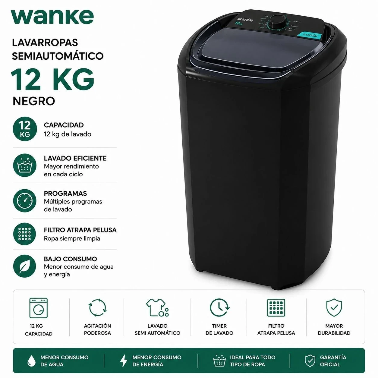 Lavarropas Semiautomático Comfort 12 Kg Wanke Lwbe120t3earw Blanco
