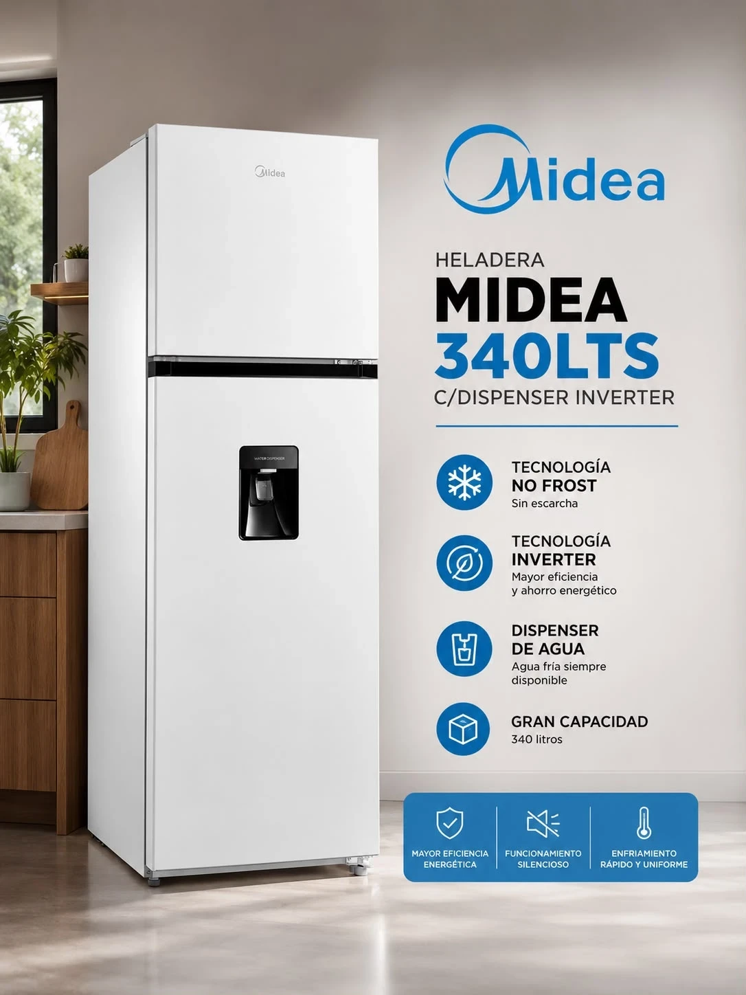 HELADERA NO FROST  INVERTER 340LTS MIDEA DISPENSER BLANCA ‼️SOLO POR PEDIDOS ‼️ 