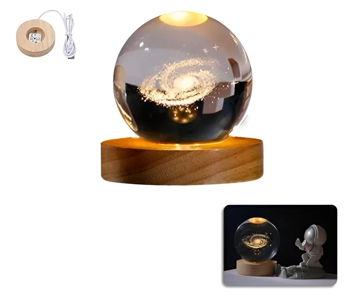 Lampara esfera de cristal 3D con base de madera LED 3