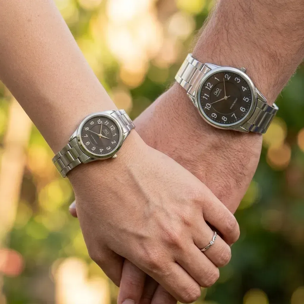 Pareja De Relojes Q&Q Original Acero Analoga Plateado Fondo Negro 2