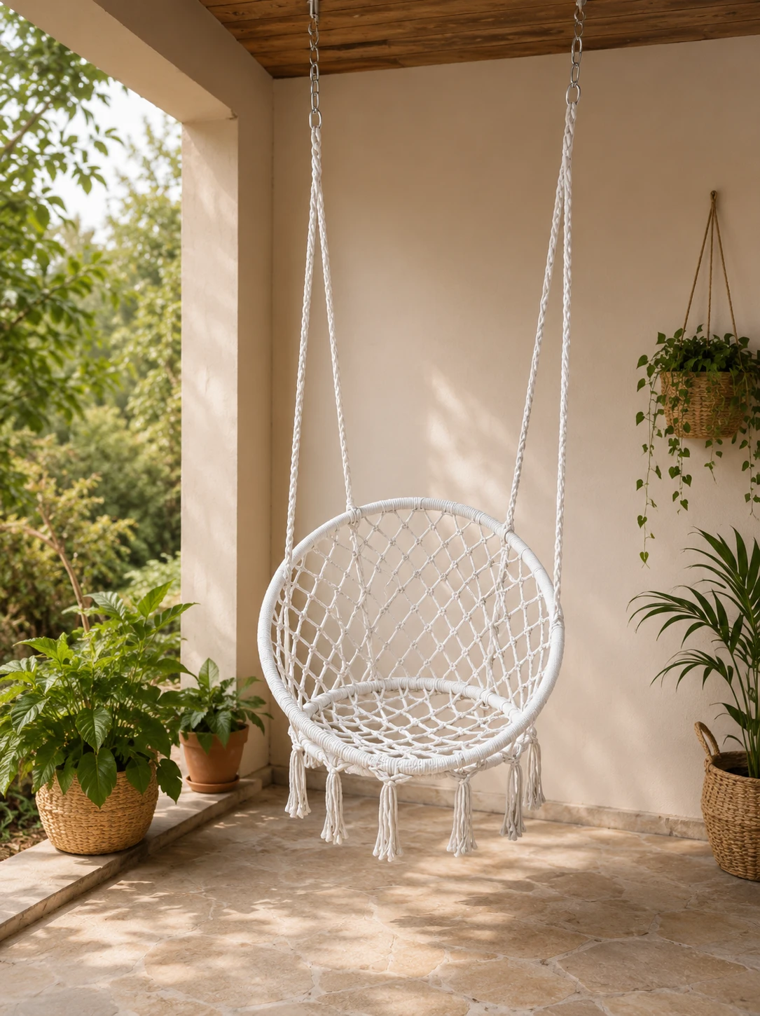Silla Colgante Boho Beige ✨  🪢 Algodón trenzado y estructura de acero