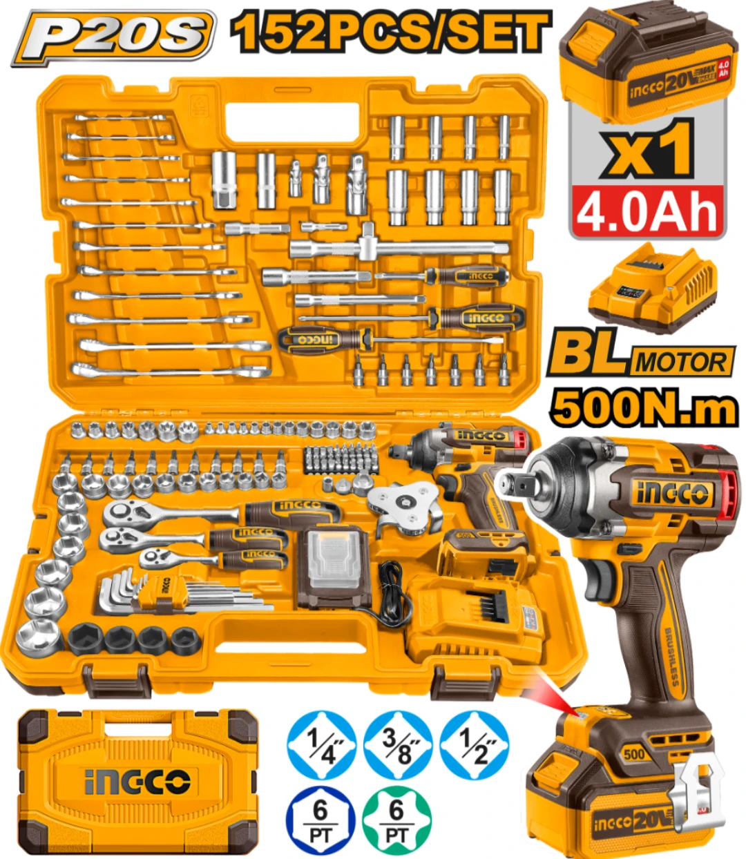 KIT SET 152 HERRAMIENTAS COMBINADAS C/LLAVE DE IMPACTO P20S 500NM CON BAT + CARGADOR EN VALIJA INGCO HKTHP31521