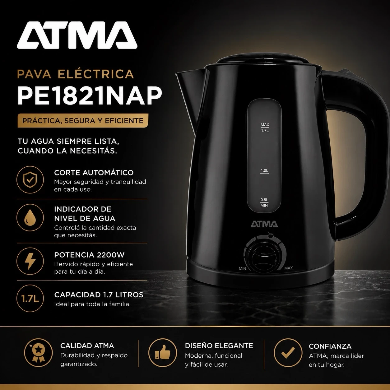 Pava Eléctrica Atma 1.7lts con Corte mate Selector De Temperatura