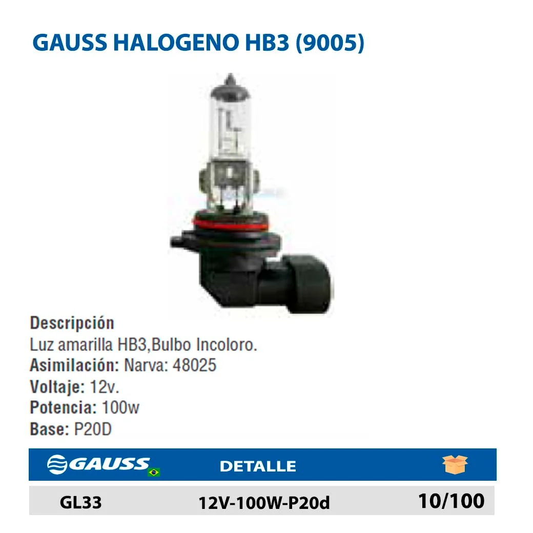 GAUSS HALOGENO HB3 (9005) 12V-100W-P20d