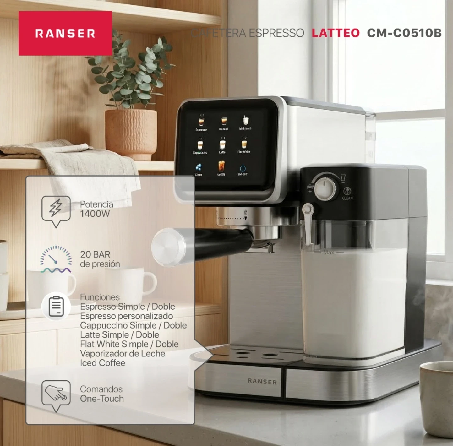 CAFETERA ESPRESSO 3 EN 1 RANSER TOUCH MILK MULTI-CAPS