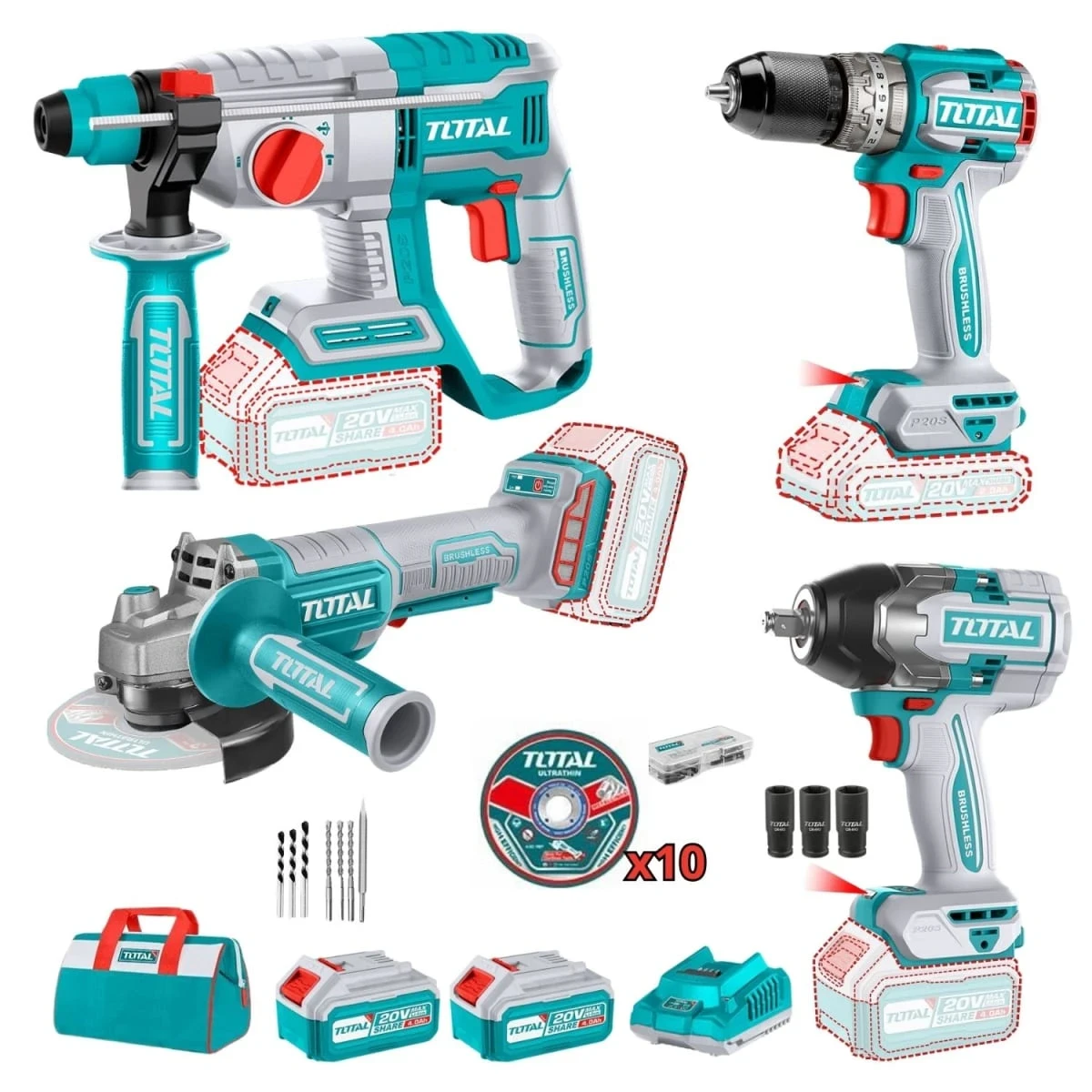 TOSLI240202-TIWLI20851 Taladro percutor + llave de impacto 850nm + rotomartillo + amoladora total