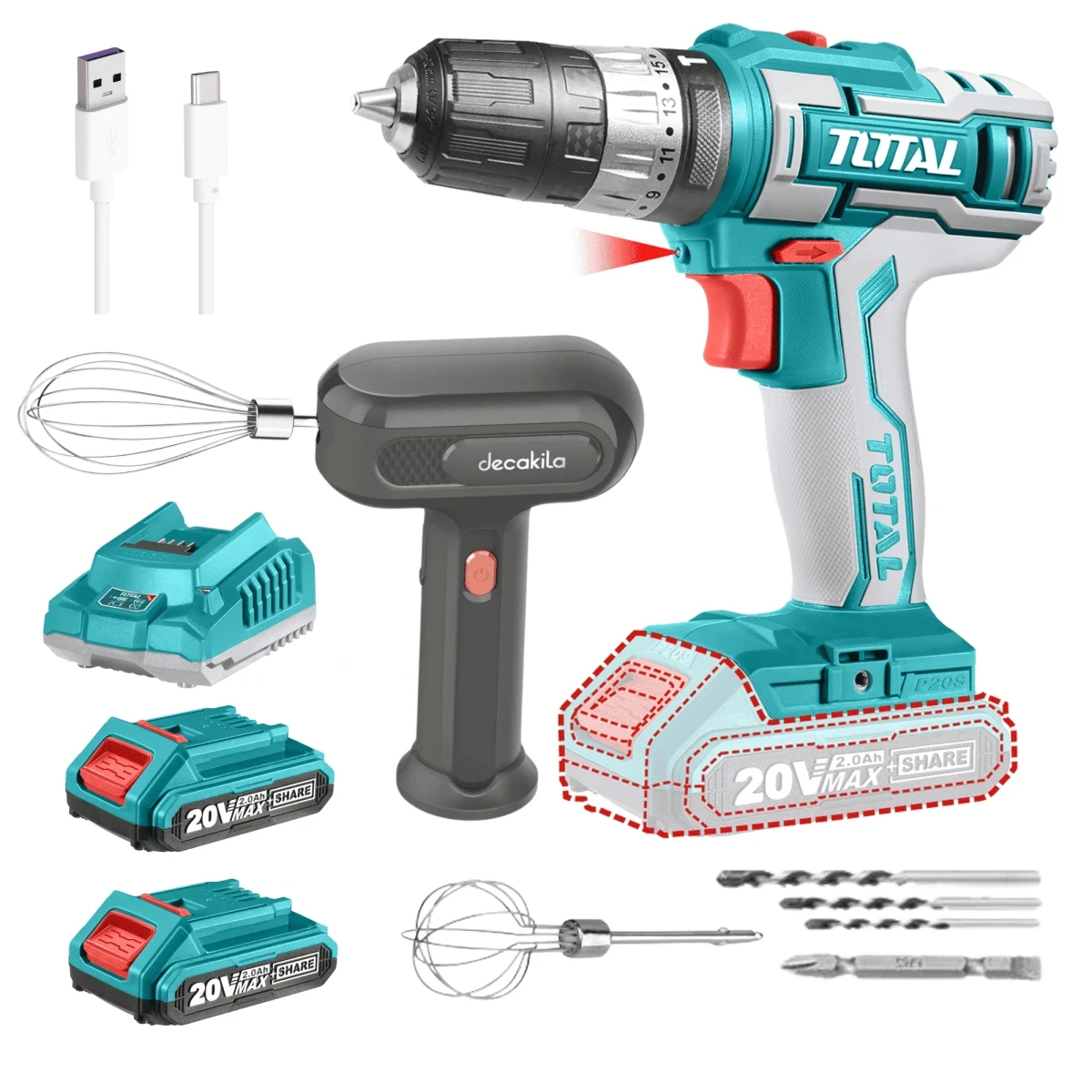 TOSLI231003 Taladro atornillador percutor 20v total + batidora