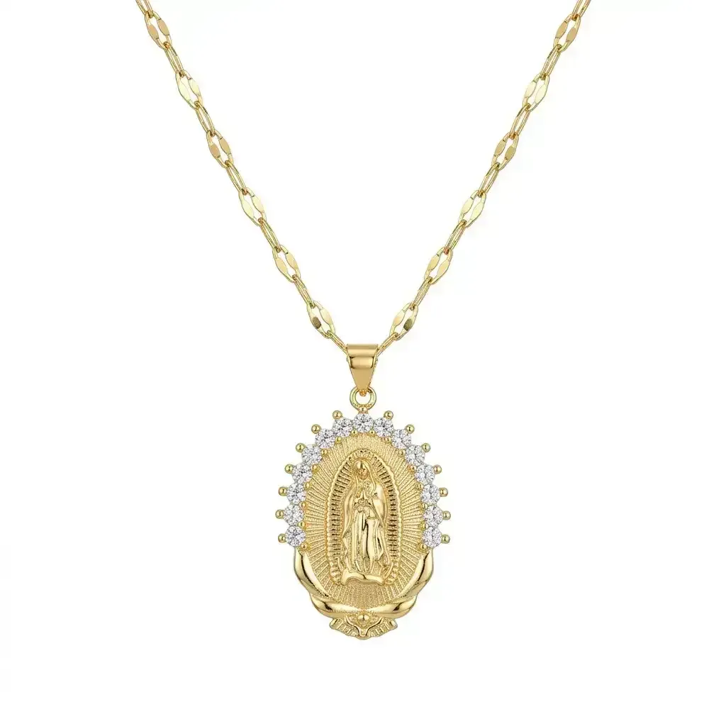 Cadena Y Dije En Acero Con Piedra Circon De Virgen De Guadalupe Piedras Blancas