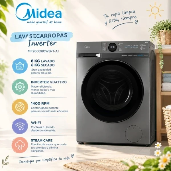 LAVASECARROPAS MIDEA 8 KG INVERTER 1400RM
