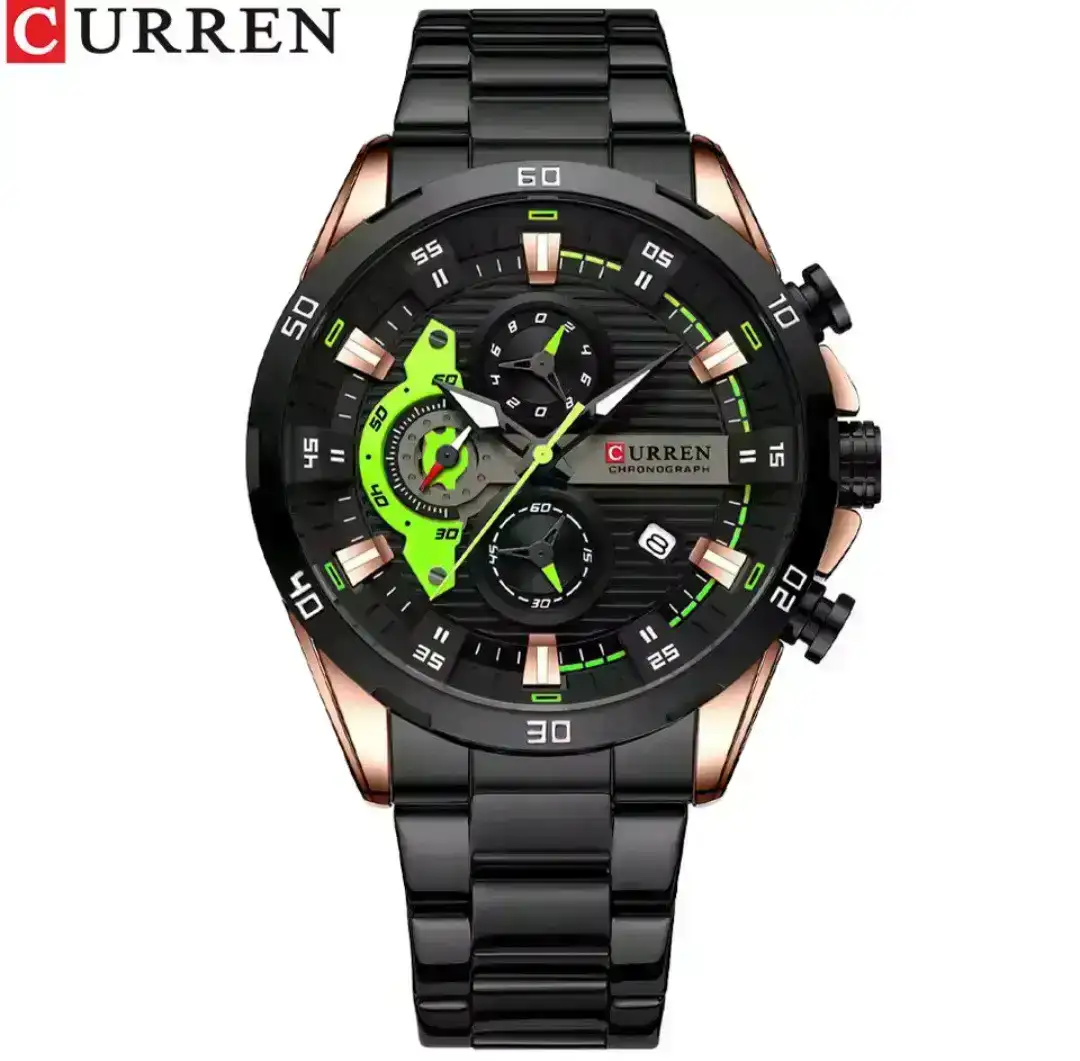 Reloj Curren Original Acero Cronografo 8402 Negro Cobrizo Fondo Negro Detalles Verdes Fluorescente 2