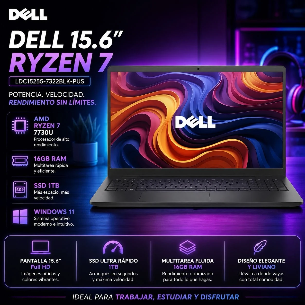 Notebook Dell 15.6" (Amd Ryzen 7-7730u | 16Gb Ram | 1Tb Ssd | Windows 11