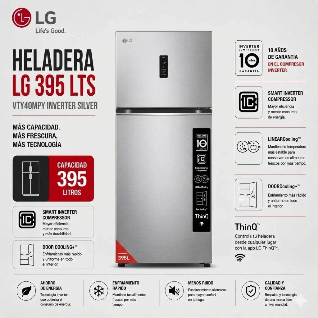 HELADERA LG VT40MPY INVERTER SILVER 395LTS