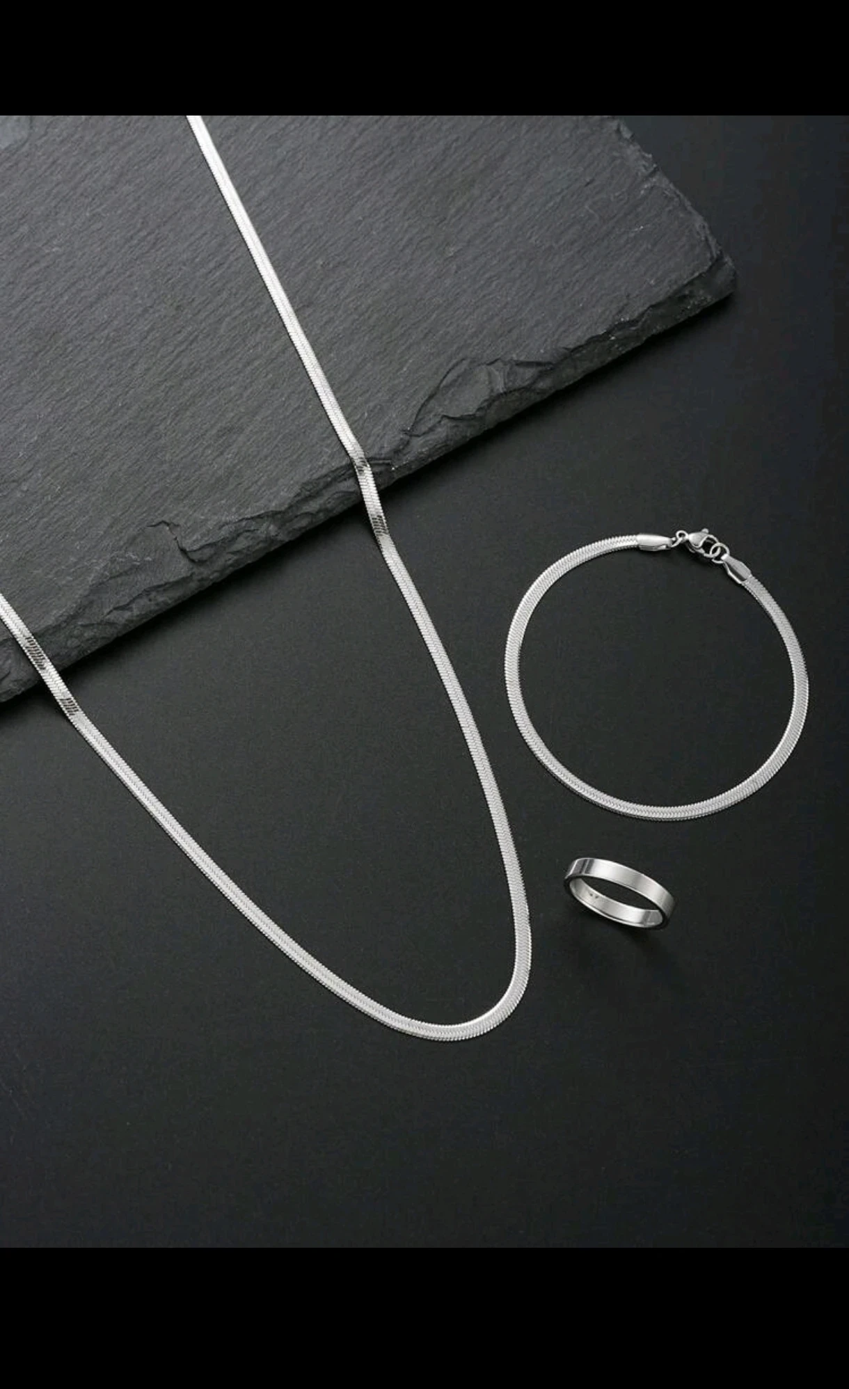 Set Minimalista de Acero Inoxidable - Cadena Plana, Pulsera Snake y Anillo Liso Unisex 2