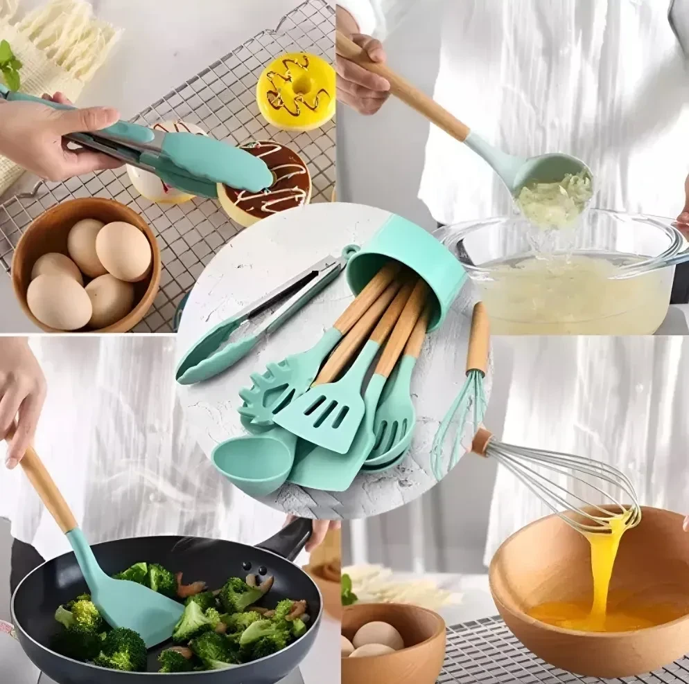 SET DE UNTENSILIOS DE COCINA MANGO DE MADERA KIT X19 PIEZAS PUNTA DE SILICONA COLOR VERDE CLARO 3