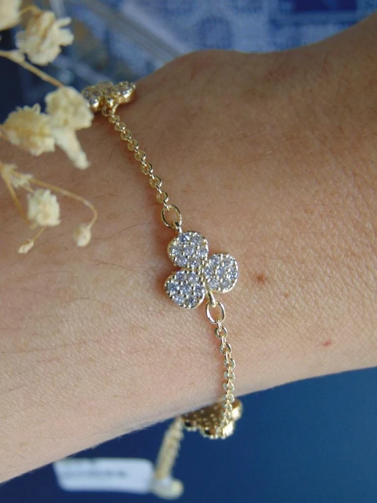 PULSERA RODIO DOR MEDIO TREBOL MICROCIRCONES 8MM | 16CM LARGO + EXTENSOR 2