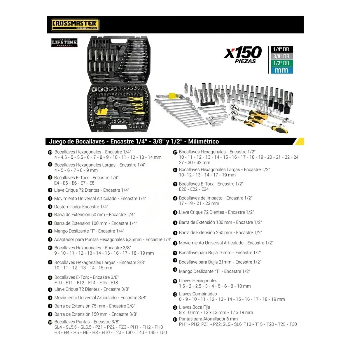 Set Kit Juego Bocallaves Crossmaster 150 Pzas 1/4 1/2 3/8 Color Negro 4