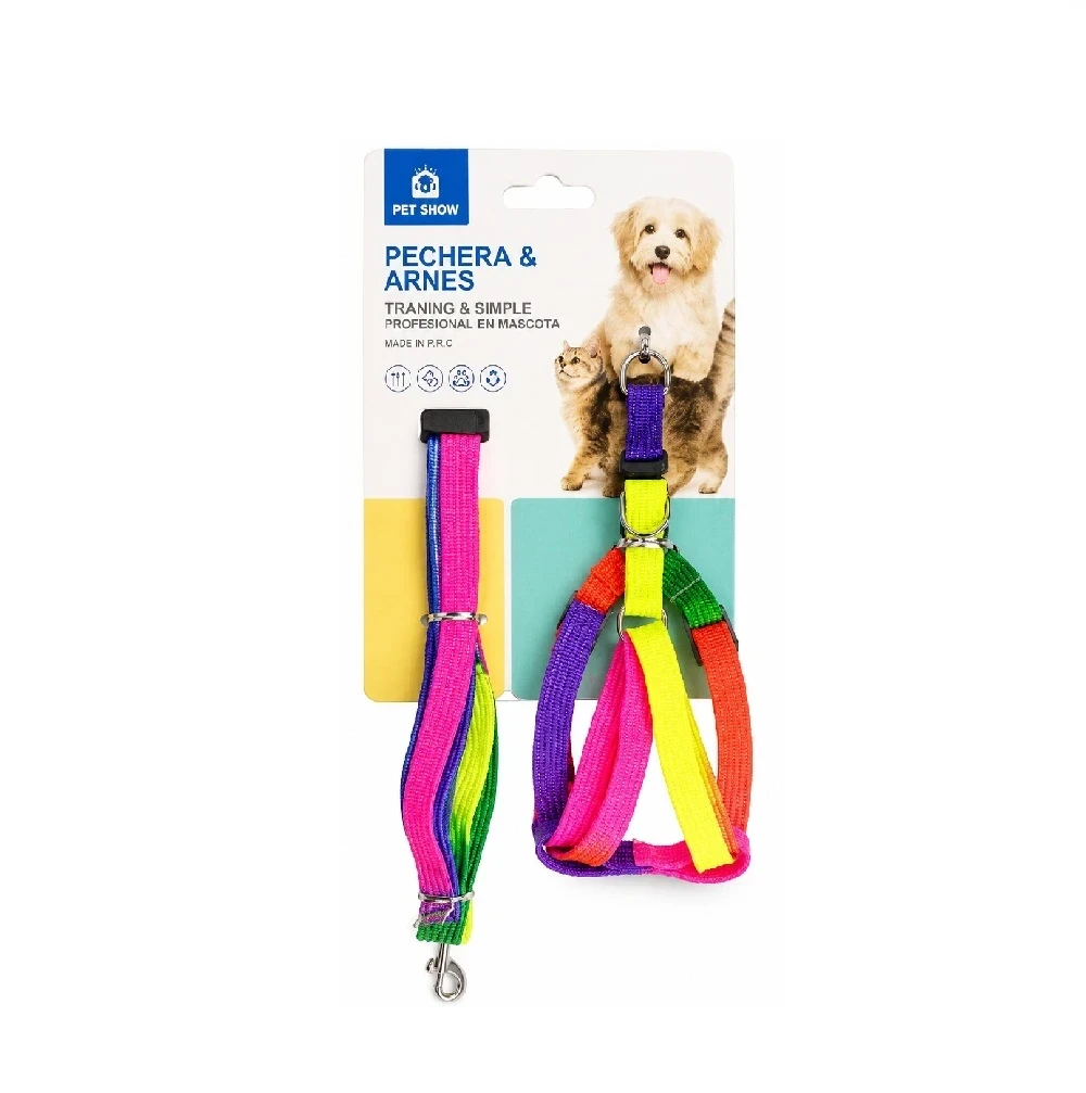 Arnés de Nylon Con Tiro De Correa Para Mascotas Perros Y Gatos Color Arcoiris