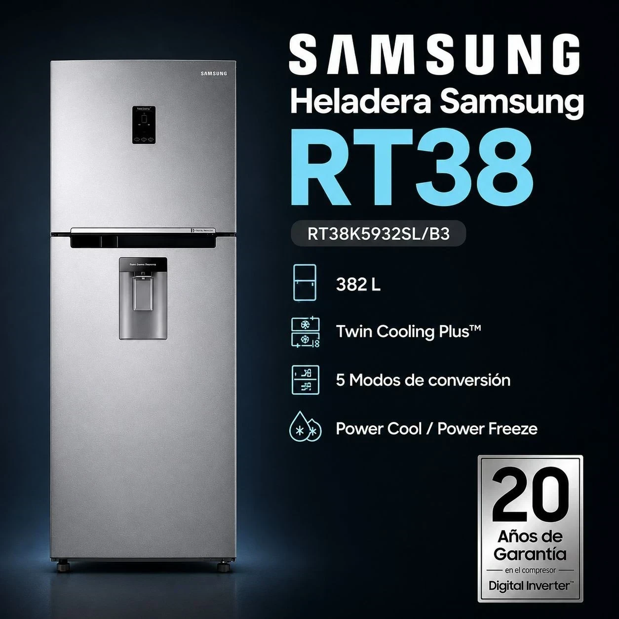 HELADERA SAMSUNG RT38 SILVER 382 LTS INVERTER