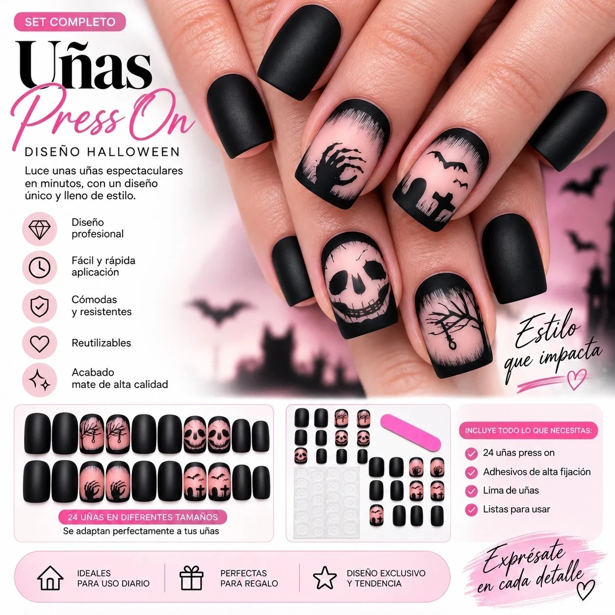 lumera caja de uñas press on serie divertida fantasma