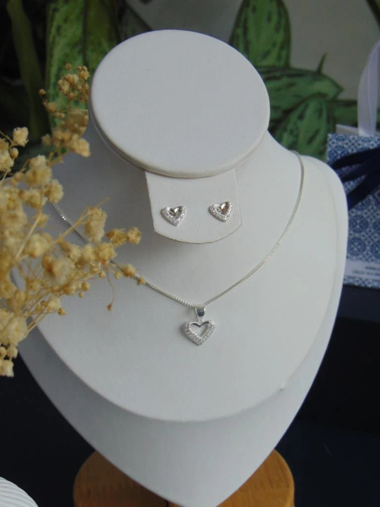 JUEGO PLATA LEY 925 CONTORNO CORAZON MICROCIRCONES