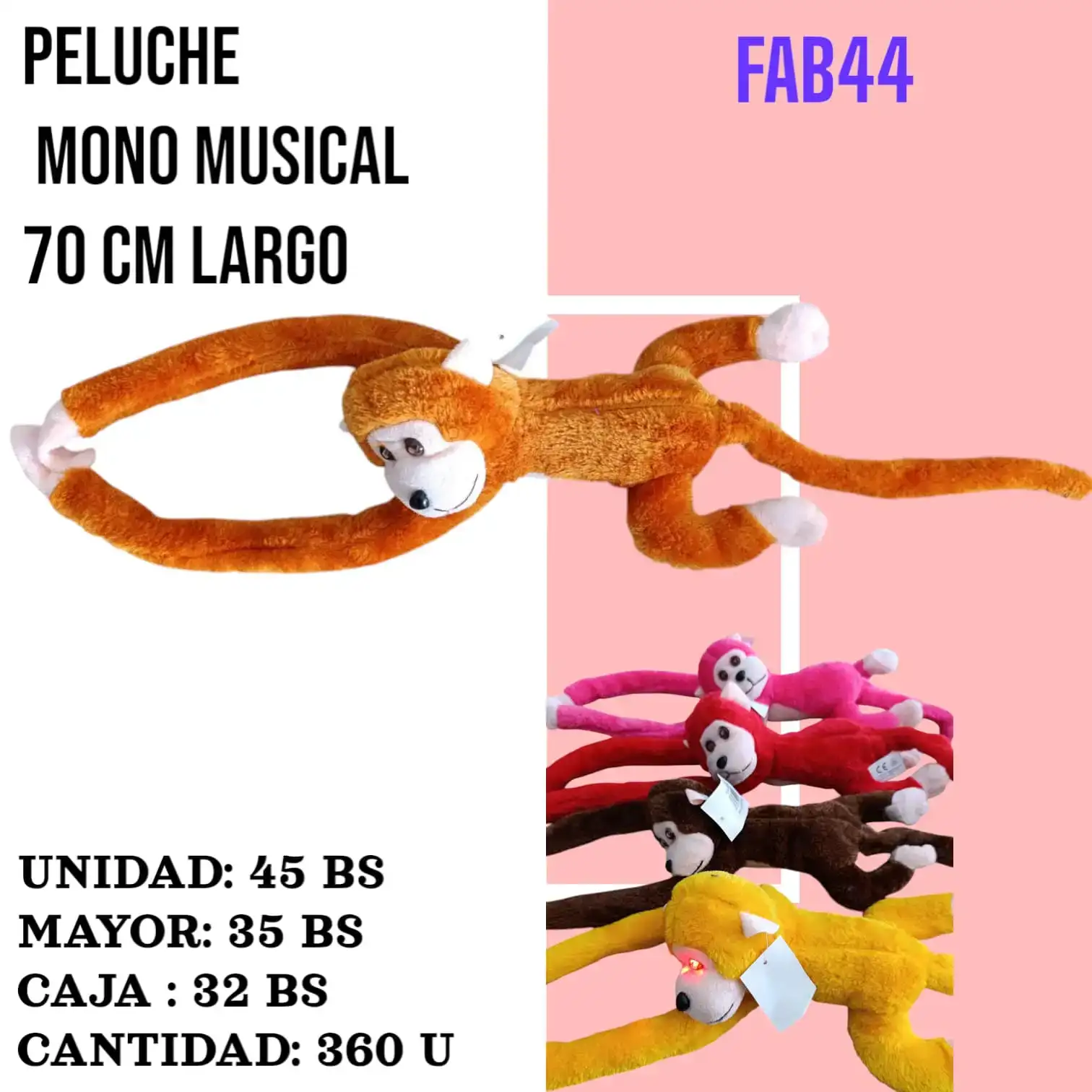 PELUCHE MONO 70 CM LARGO FAB44