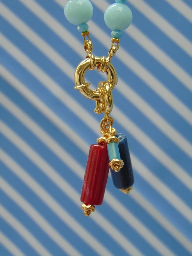 CHOKER ACERO DOR CRISTAL AZUL CLARO REDOND DIJES AGATAS BROCHE MARINERO 2