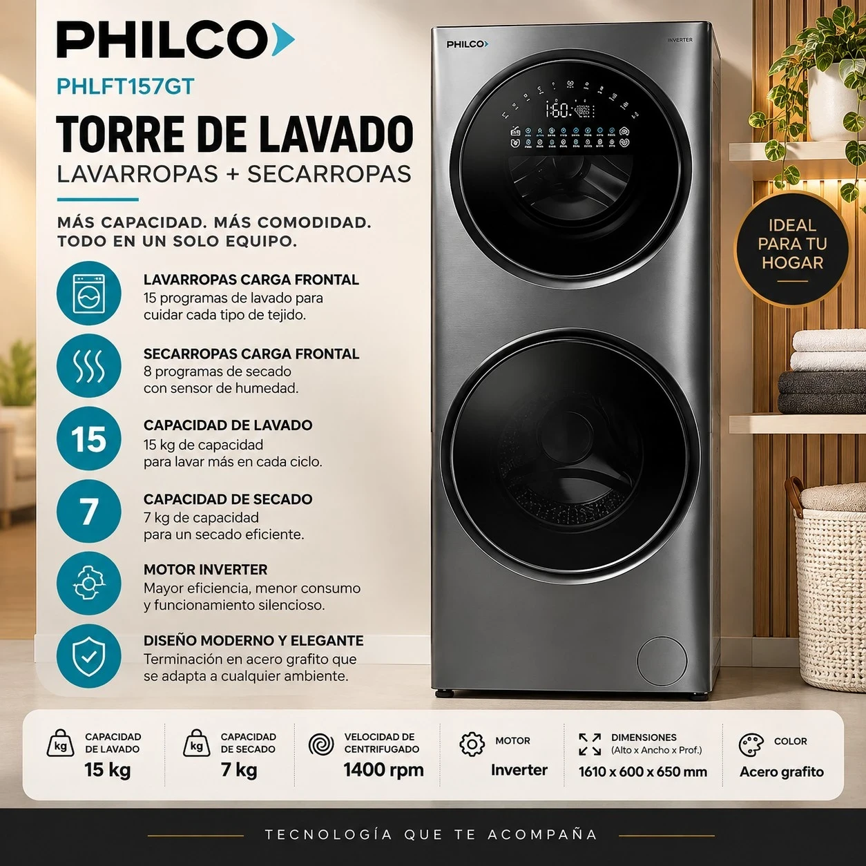 TORRE DE LAVADO LAVARROPAS Y SECARROPAS PHILCO 15/7 KILOS SILVER CONSULTAR DISPONIBILIDAD CON EL VENDEDOR
