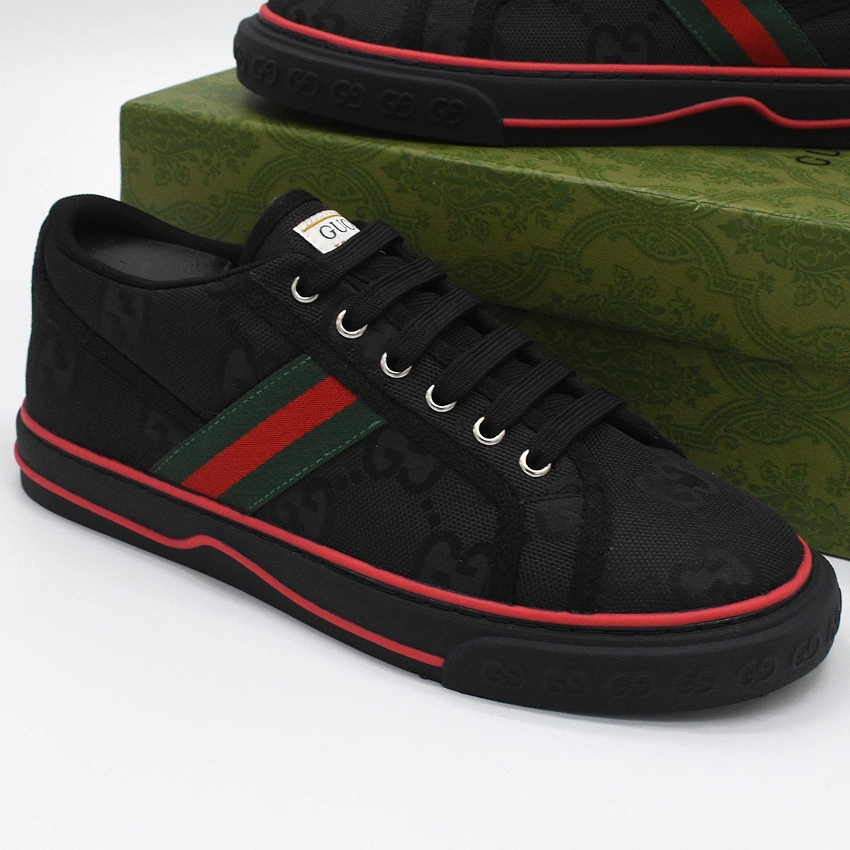 Gucci Off The Grid Tenis 1977 Low ECONYL Negro GG Verde Rojo 5
