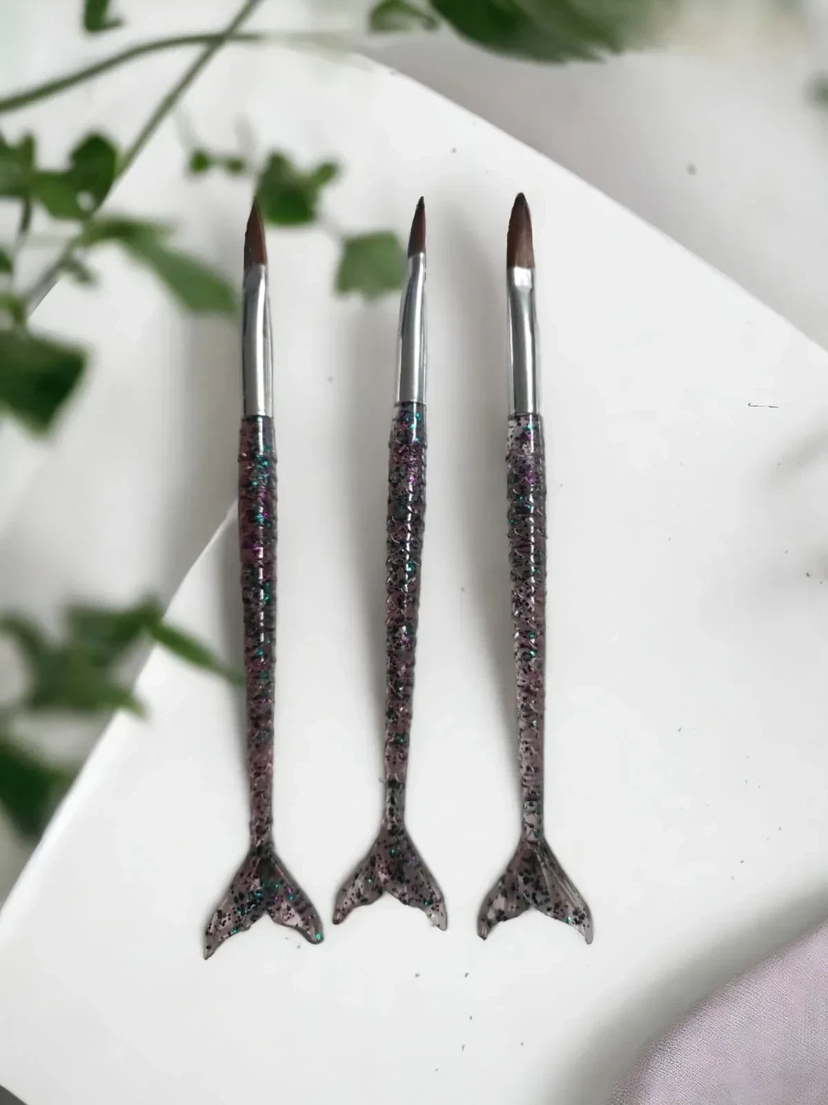 fnc pincel acrilico set x3 cola sirena escarchado