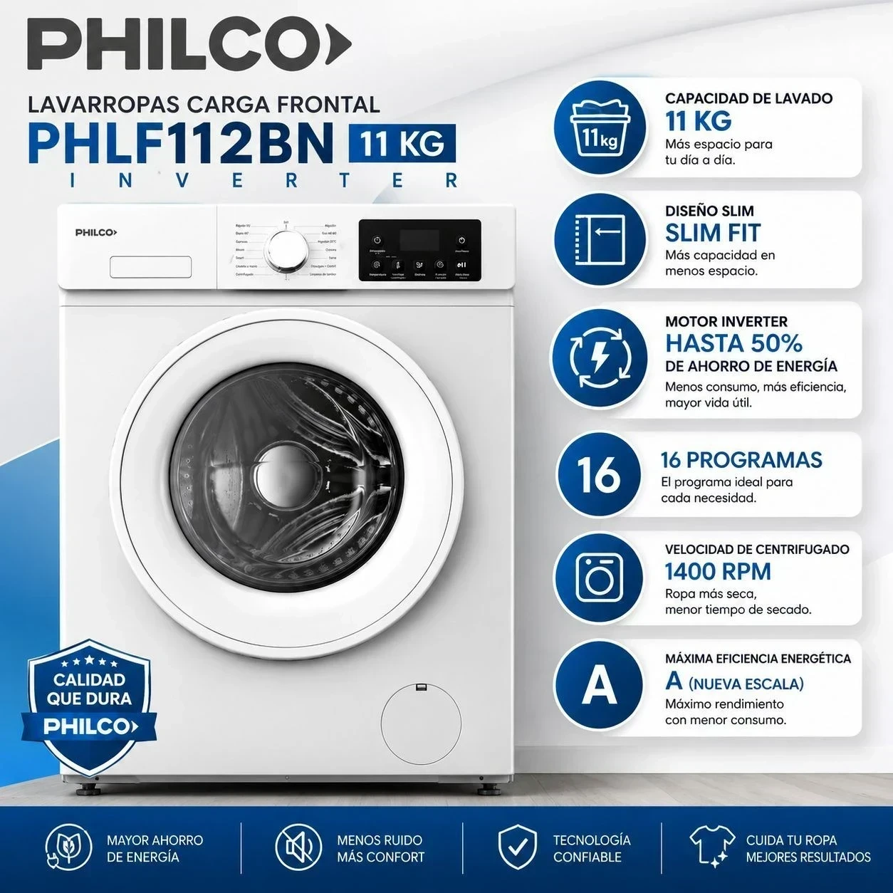 LAVARROPAS PHILCO CARGA FRONTAL 11 KG INV BLANCO PHLF112BN