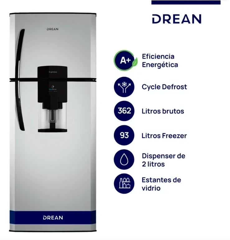 HELADERA DREAN CICLICA C/FREEZER SILVER C/DISPENSER  362LTS HDR370F61S