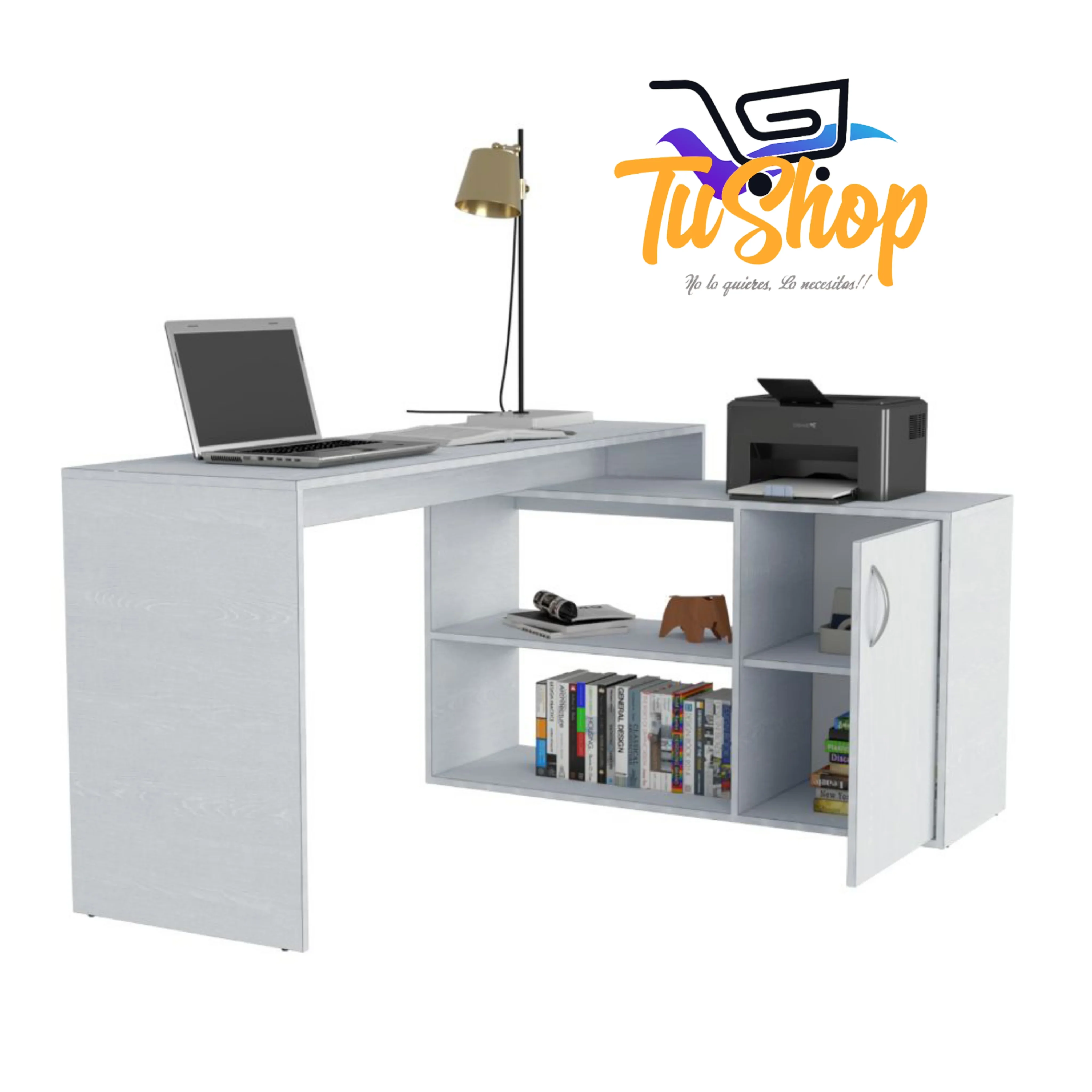 Escritorio L Blanco Con Libreria  2